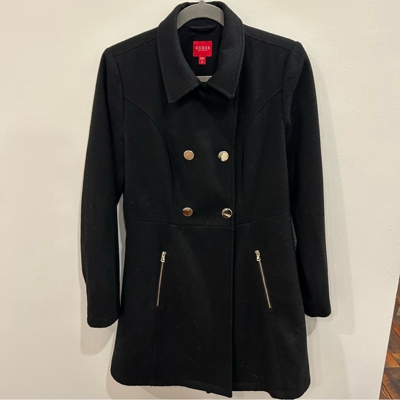GUESS Black Wool Blend Double Breasted Cutaway Coat Women’s Medium - Picture 2 of 7